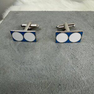 Vintage White & Blue Enamel Silver Tone Cuff Links